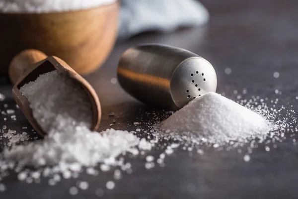 Hav och kök mineralsalt sked och shaker — Stockfoto