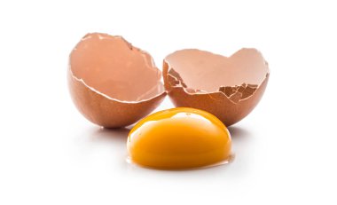 Beyaz arka planda yumurta sarısı ve tavuk yumurtaları var.