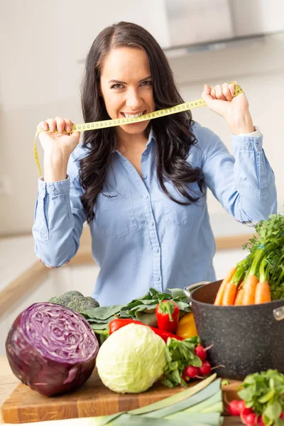 Diet Weight Loss Health Concept Beautiful Young Woman Fresh Vegetable — Φωτογραφία Αρχείου