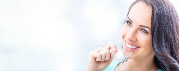 Invisalign Orthodontics Concept Young Attractive Woman Holding Using Invisible Braces — Stock Photo, Image