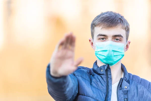 Young Man Protective Mask Showing Gesture Stop Coronavirus Covid — Stock Photo, Image