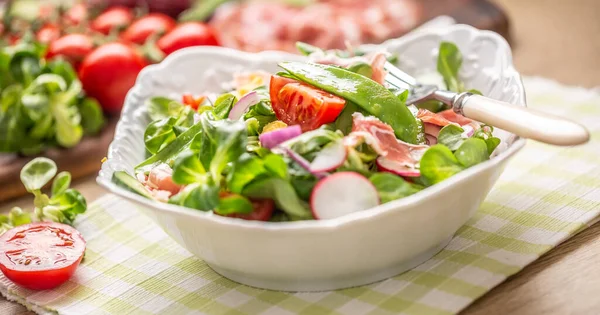 Salade Printemps Fraîche Aux Feuilles Vertes Tomates Oeuf Radis Oignon — Photo