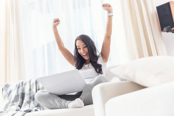 Happy Woman Shouting Joy Arms Cheering Sports Game Watched Online — Stock Photo, Image