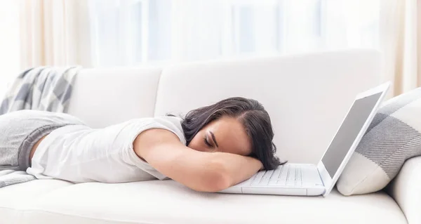 Tired Woman Who Fell Asleep Her Laptop Lying Couch White — Stock Photo, Image