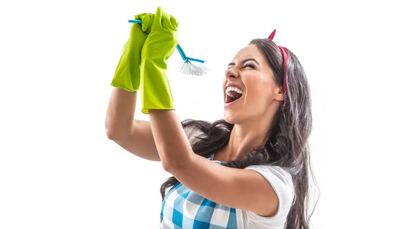 Jong Wijfje Met Rubber Handschoenen Geïsoleerde Achtergrond Zingen Wild Een — Stockfoto