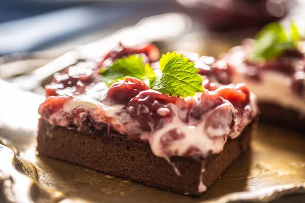 Detail of a piece of brownie with a cream, cherries and fresh mint leaves — Stock Photo, Image