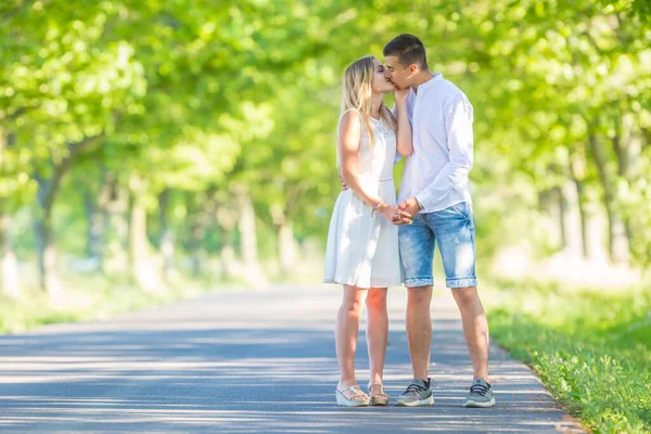 在一个阳光灿烂的夏日 年轻夫妇牵着手接吻 站在绿树成荫的路上 — 图库照片