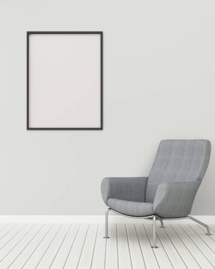 Evdeki yaşam alanı. Sandalyesi ve beyaz tahtası olan boş bir oda. Modern iç tasarım. - 3D görüntüleme