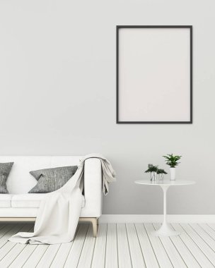 Kanepe ve masa ile boş oda. Evde boş alan. İskandinav iç tasarım. -3d render