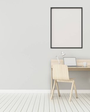 Beyaz tahtalı ve çalışma masalı oturma odası. Çalışma odasında ortak alan. Modern iç tasarım. - 3D görüntüleme