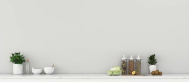 Evde rahat bir yer. Mutfağı olan boş bir oda. Modern iç tasarım. - 3D görüntüleme