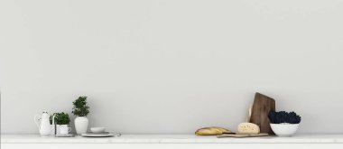 Mutfakta boş yer var. Tezgah barı ve kahvesi olan boş bir oda. Klasik iç tasarım. - 3D görüntüleme