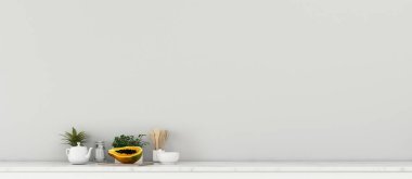 Mutfağın modern iç mimarisi. Kitchenware 'lı bir oda. Apartmandaki boş beyaz oda. - 3D görüntüleme
