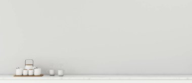 Mutfakta mutfak var. Mutfak tezgahında cam eşyalar olan beyaz bir oda. Modern iç tasarım. - 3D görüntüleme