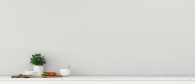 Mutfak tezgahında havuç olan modern oturma odası. Oteldeki rahatlık alanı. -3D görüntüleme.