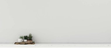 Mutfak tezgahında tatlılar olan modern bir oturma odası. Oteldeki rahatlık alanı. -3D görüntüleme.