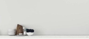 Mutfak boş. Yemekleri olan boş bir oda. Modern iç tasarım. - 3D görüntüleme