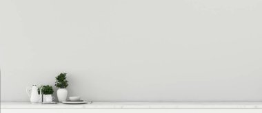 Mutfakta boş yer var. Tezgah barı ve kahvesi olan boş bir oda. Klasik iç tasarım. - 3D görüntüleme