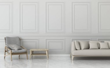 Beyaz kanepesi ve koltuğu olan oturma odası. Otelde ortak alan. Klasik iç tasarım. - 3D görüntüleme