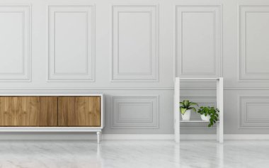 Evdeki ortak alan. Ahşap dolabı olan boş oda. İskandinav iç tasarımı. - 3D görüntüleme