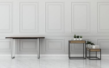 Masası ve çalışma masası olan oturma odası. Çalışma odasında ortak alan. Modern iç tasarım. - 3D görüntüleme