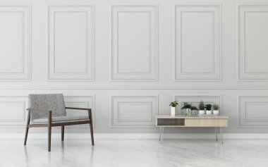 Geçmişi olan rahat bir yer. Oturma odasında klasik duvar ve ahşap zemin. - 3D görüntüleme