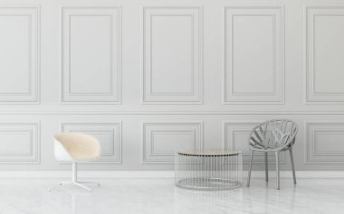 Ortası masa ve çalışma odası olan oturma odası. Çalışma odasında ortak alan. Modern iç tasarım. - 3D görüntüleme