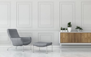 Gri kanepesi ve ahşap dolabı olan oturma odası. Oturma odasında ortak alan. Modern iç tasarım. - 3D görüntüleme
