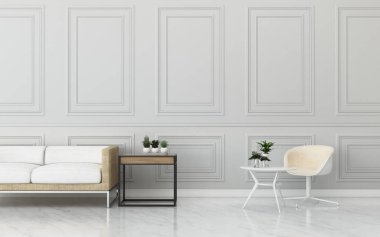 Evde ortak alan. Koltuğu ve sandalyesi olan boş bir oda. Modern iç tasarım. - 3D görüntüleme