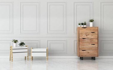 Arka planda ortak alan. Otelin duvarını ve ahşap zeminini dekore edin. - 3D görüntüleme