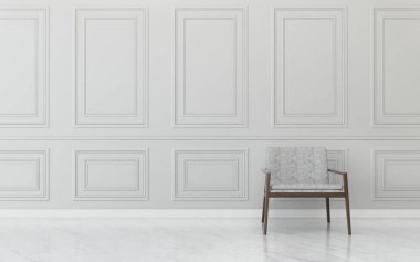 Beyaz duvarlı ve çalışan sandalyeli oturma odası. Rahat bir odada ortak alan. İskandinav iç tasarımı. - 3D görüntüleme