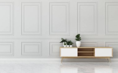 Otelde ortak alan. Ahşap dolaplı boş oda. Klasik iç tasarım. - 3D görüntüleme