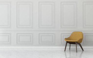 Arkaplanı olan rahat bir yer. Sarı sandalye ve oturma odasında ahşap zemin. - 3D görüntüleme