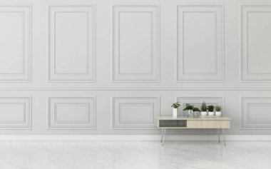 Geçmişi olan rahat bir yer. Oturma odasında klasik duvar ve ahşap zemin. - 3D görüntüleme