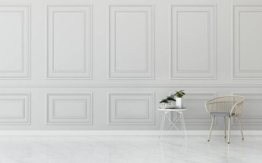 Otelde ortak alan. Ahşap klasik sandalyeli boş oda. Modern iç tasarım. - 3D görüntüleme