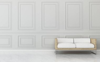 Oturma odası, kanepe ve klasik duvar. Oturma odasında ortak alan. İskandinav iç tasarımı. - 3D görüntüleme