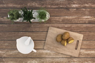 Mutfakta boş yer var. Tezgahında yiyecek olan boş bir oda. Klasik iç tasarım. - 3D görüntüleme