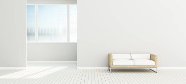 Beyaz kanepeli beyaz oda. Salonda rahatla. Modern iç tasarım. - 3D görüntüleme