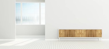 Beyaz ahşap dolabı olan bir depo. Alışveriş merkezinde rahatlık alanı. İskandinav iç tasarımı. - 3D görüntüleme