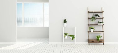 Apartman dairesi. Ahşap raflı ve beyaz raflı boş bir oda. Klasik iç tasarım. - 3D görüntüleme