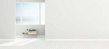 Ahşap masalı boş bir oda. arka planda ortak alan. Klasik iç tasarım. - 3D görüntüleme