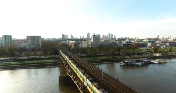 Train Passing The Bridge. View On A City — Stock Video