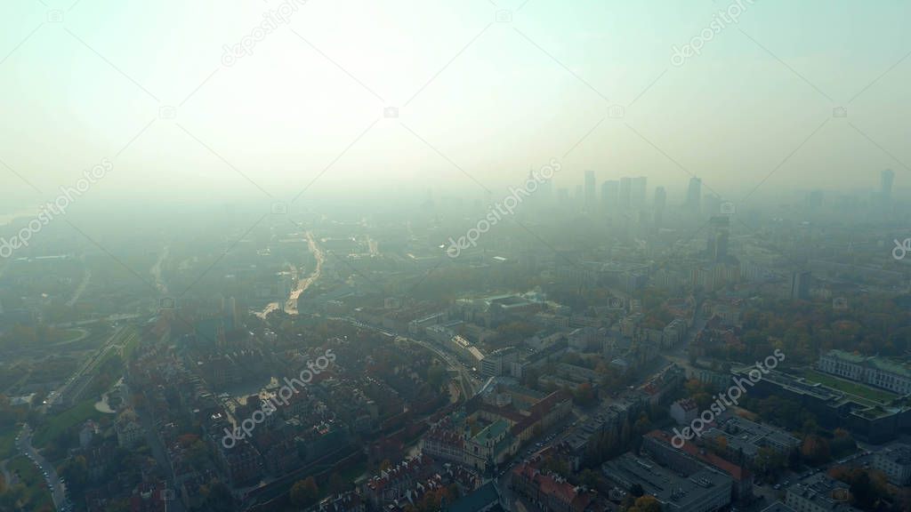 Aerial Shot Of Warsaw City In Morning Fog Condition
