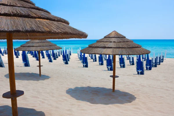 Arka plan mavi deniz, gökyüzü ve kum plajı ile birçok hasır şemsiyeler. Hiç kimse, açık. İtalya, Puglia