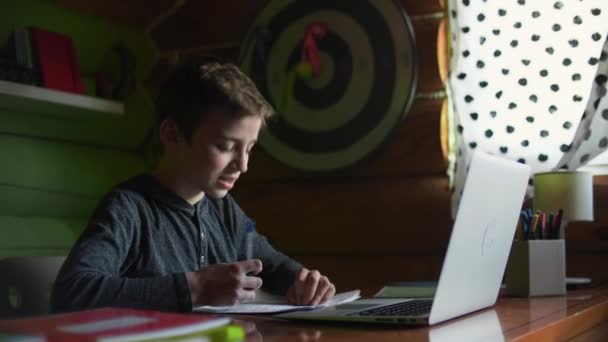 Online-Bildung. Ein Schüler lernt zu Hause ferngesteuert per Videokommunikation. — Stockvideo