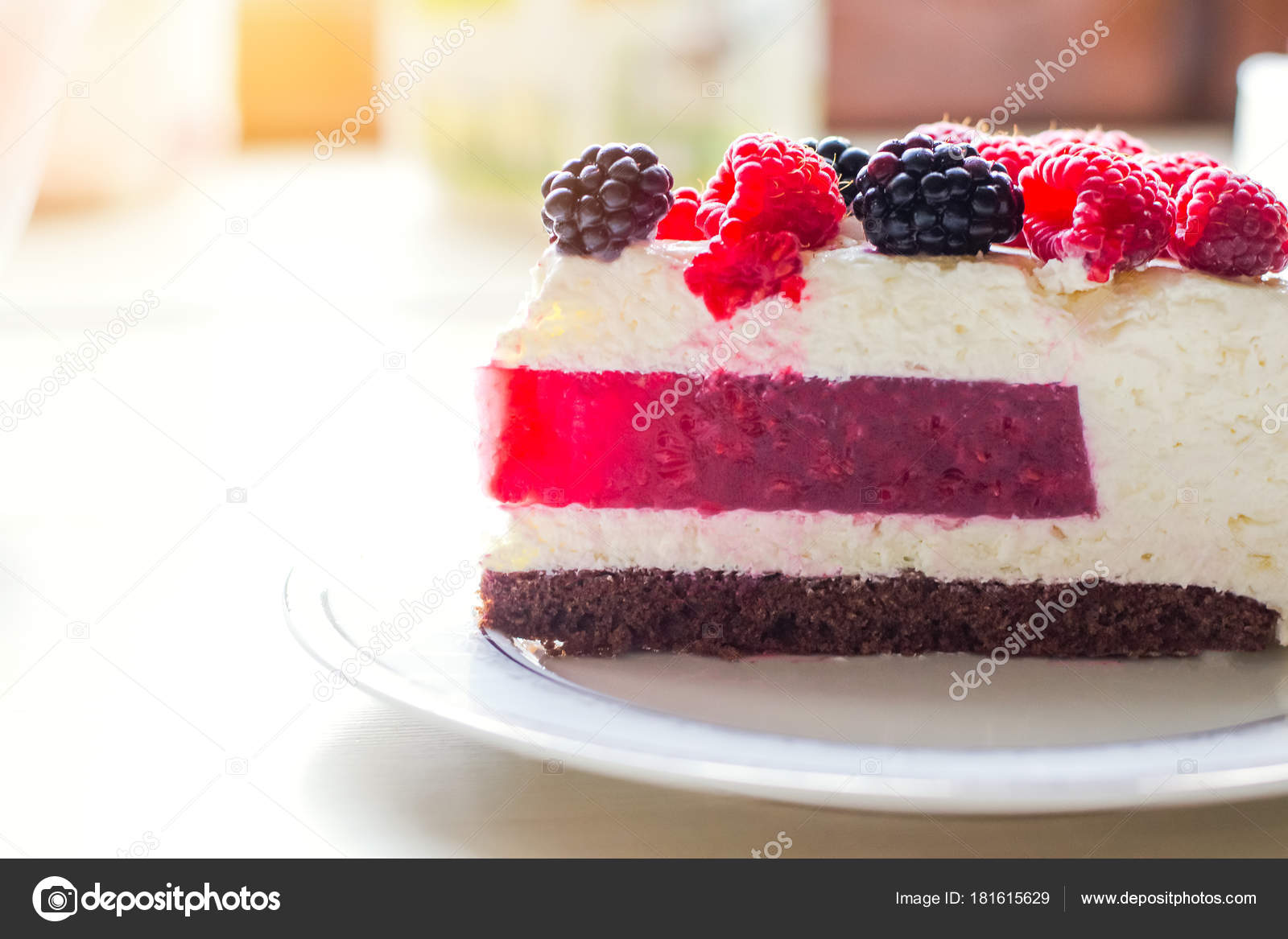 Home Mousse Cake With Cottage Cheese And Jello With Raspberries