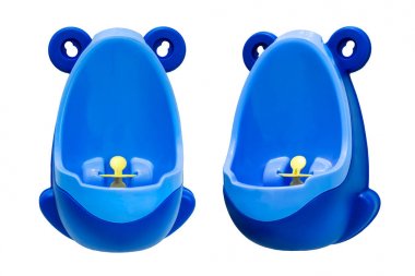 Komik bebek pisuar çocuklar için. Housebreaking. İşemek için ayakta. Beyaz arka plan üzerinde izole nesne. İki foreshortenings kümesi