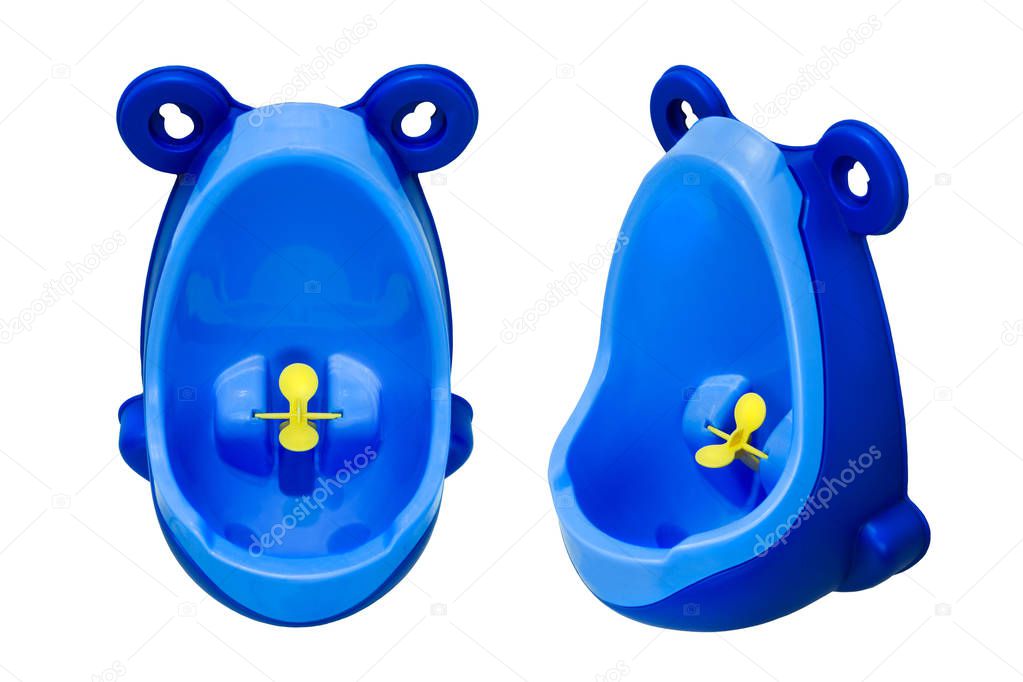 Funny baby urinal for boys. Housebreaking. To pee standing up. Object isolated on white background. Set of two foreshortenings