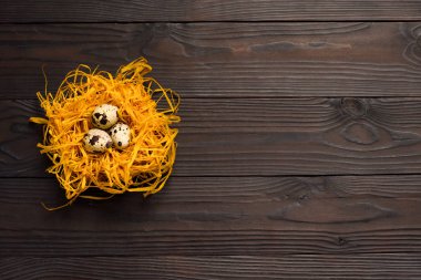 Koyu ahşap arka plan üzerinde dekoratif yuvadaki bıldırcın yumurtası. Üstten Görünüm. Kopya alanı