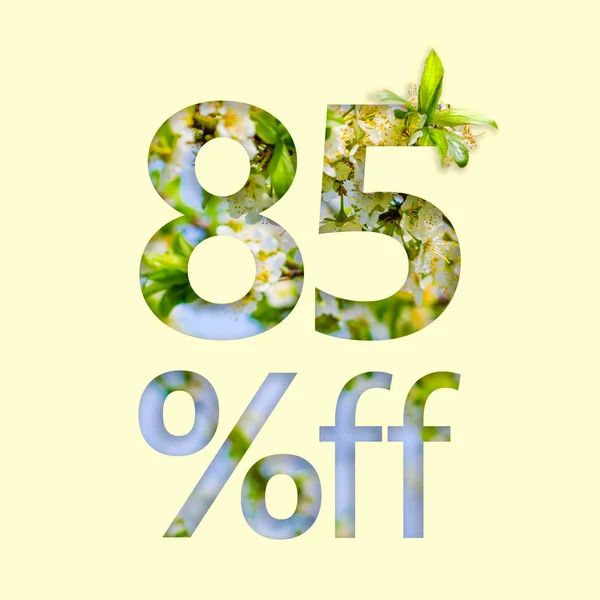 85% desconto. O conceito de venda de primavera, cartaz elegante, banner, promoção, anúncios . — Fotografia de Stock